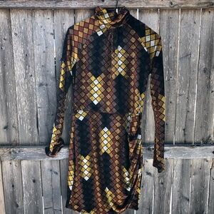 Y2K Miss Sixty Geometric Long-Sleeve Turtleneck Dress in Mustard, Brown & Black